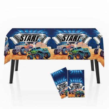Imagem de Zharkoo Pacote com 2 toalhas de mesa de caminhão monstro para festa infantil 274 x 137 cm, decoração de mesa de aniversário para meninos e caminhões-máquina, capa de mesa de plástico impermeável para