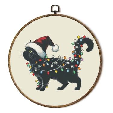 Imagem de Lengues Arte de parede redonda de gato preto, presentes de gato de Natal, decoração de parede redonda, impressões de arte emolduradas em tela com luzes de Natal, moldura de pendurar de inverno para