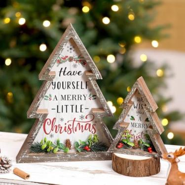 Imagem de Pinkunn 2 peças de decorações de Natal de fazenda decoração de árvore de Natal natural com pinhas de madeira rústica centro de mesa bloco decorativo placa de mesa para festa de Natal, mesa de férias