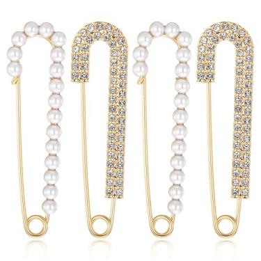 Imagem de Yuomeaz Broche de segurança dourado, 4 peças, alfinetes de segurança de strass dourados grandes de 7 cm para mulheres, broches decorativos para roupas, chapéus, xaile