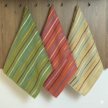 Imagem de Kit Pano de Prato Atoalhado 3 Peças, 100% Algodão, 70x45cm, Listrado Colorido, Felpudo, Alta Absorção para Cozinha, Pano de Copa, Toalha de Cozinha (Terracota - Bege - Verde)