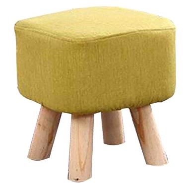 Imagem de Bancos Ottomans Banqueta de madeira maciça para troca de pés, banco pequeno, banco estofado, apoio para os pés, banco de algodão e linho, banco único para os pés/amarelo/28 x 28 x 35 cm