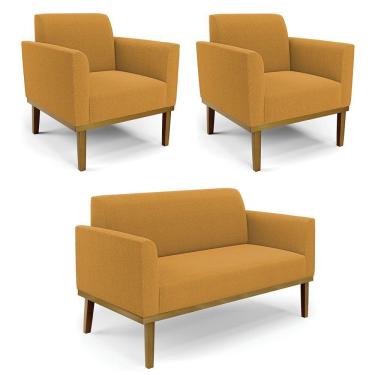 Imagem de Namoradeira E 2 Poltronas Base Madeira Castanho Marisa Bouclê Mostarda D03 - D'rossi