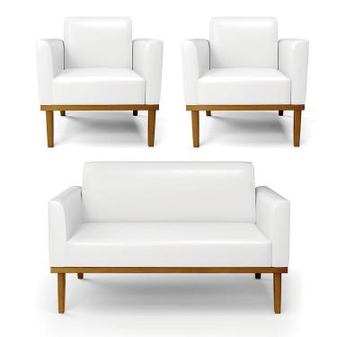 Imagem de Sofá Namoradeira Com 2 Poltronas Base De Madeira Fixa Castanho Marisa Corano D03 - D?rossi Cor Branco