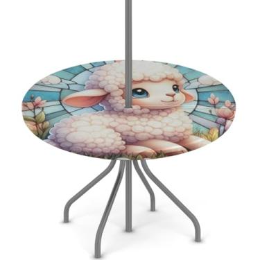 Imagem de hongjinglin Toalha de mesa de Páscoa para uso ao ar livre com orifício para guarda-chuva, toalha de mesa redonda elástica com zíper, impermeável, limpável, para piquenique, festa, pátio, serve para