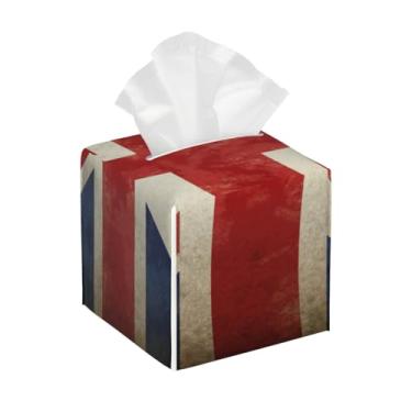 Imagem de Porta-lenços de couro quadrado à prova d'água bandeira britânica retrô organizador de papel facial com cinto inferior cubo estojo de lenços para mesa, banheiro, escritório, mesa, carro, decorativo