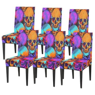 Imagem de Conjunto de 6 capas elásticas para cadeira de sala de jantar, capa protetora de assento de cadeira, crânio, psicodélico, colorido, removível, lavável, para cozinha, casa, hotel, banquete, festa de