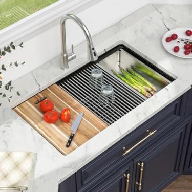 Imagem de Kichae Pia de cozinha composta de granito 33 - 84 cm x 48 cm de granito para pia de cozinha, estação de trabalho de quartzo preto, 25,4 cm de profundidade embaixo do balcão, bacia única para pia