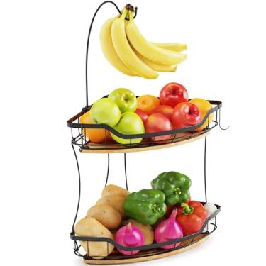 Imagem de CACHOLIV Cesta de frutas de 2 camadas para balcão de cozinha com 3 cabides de banana, suporte de vegetais com base de bambu para armazenamento de canto de cozinha, preto