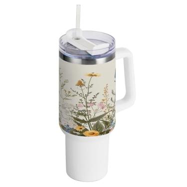 Imagem de xigua Copo vintage de flores silvestres de 1,134 g com alça e canudo, aço inoxidável duplo isolado a vácuo garrafa de água suporte de copo de garrafa de água amigável à prova de vazamento copo de