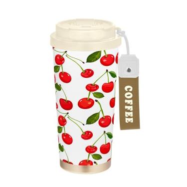 Imagem de SEHANY Caneca de viagem de cereja fofa de 482 g Copos de café reutilizáveis revestidos de cerâmica com tampa à prova de vazamento, parede dupla, isolamento a vácuo, copo de café de aço inoxidável para