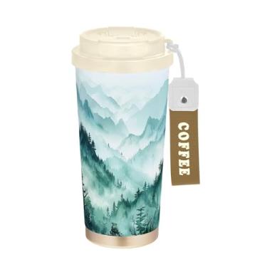 Imagem de SEHANY Caneca de viagem com paisagem de montanha em aquarela de 482 g, copos de café reutilizáveis revestidos de cerâmica com tampa à prova de vazamento, parede dupla, isolamento a vácuo, copo de café