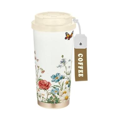 Imagem de SEHANY Caneca de viagem borboleta e flores de 482 ml Copos de café reutilizáveis revestidos de cerâmica com tampa à prova de vazamento, parede dupla, isolamento a vácuo, copo de café de aço inoxidável