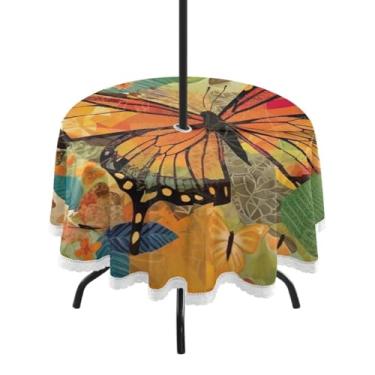 Imagem de ATTX Toalha de mesa redonda com borboleta laranja - 152 cm, impermeável, à prova de derramamento, uso interno/externo, com orifício para guarda-chuva com zíper para acampamento, piquenique, praia