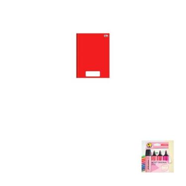 Imagem de Kit Caderno Brochura Capa Dura PEPPER Vermelho 80 Folhas + Caneta Esferográfica 0.7mm Sortida + Marca Texto Boss 4 Cores