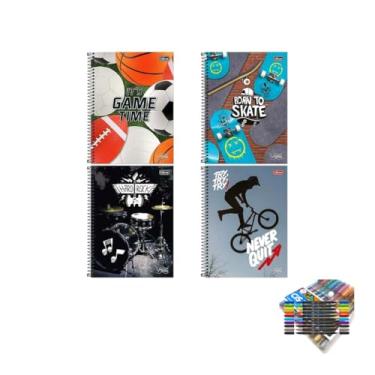 Imagem de Kit Caderno Universitário Vibe Masc 10M 160F Tilibra Caneta Trigel Metálica 1.0mm Estojo 10 Cores Cis Marcador Artístico Brush Dual Tip