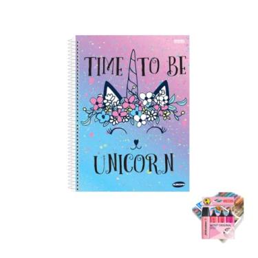 Imagem de Kit Caderno Feminino 1 Matéria 96 Folhas Com Caneta Trigel Metálica e Marca Texto Boss