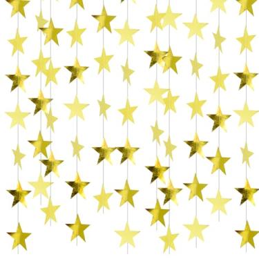 Imagem de BEISHIDA Decoração de guirlanda de estrela com glitter dourado com faixa de estrela cintilante para casamento, chá de bebê, aniversário, formatura, artigos de festa de Natal (2,8 metros)