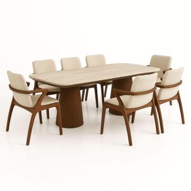 Imagem de Mesa De Jantar Quartzito Taj Mahal Base E Tampo Duplo Nogueira 198x122 Cm