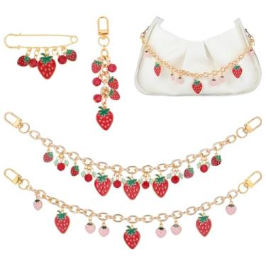 Imagem de PH PandaHall 4 peças de pingentes de bolsa de morango, chaveiro vermelho de morango, broche de fruta, corrente decorativa fofa para mulheres, bolsa de mão, carteira, acessórios de substituição