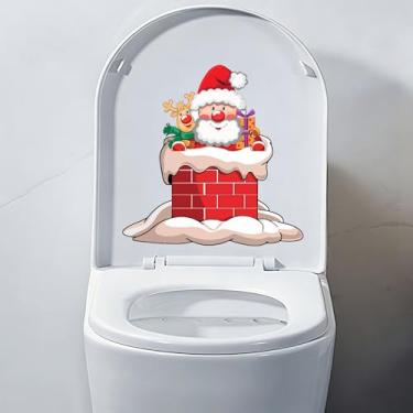 Imagem de Iprokiu Adesivo de banheiro de Natal chaminé Papai Noel rena elfo capa de assento de vaso sanitário decalque decoração de casa à prova d'água adesivo de parede de natal alce tampa de vaso sanitário