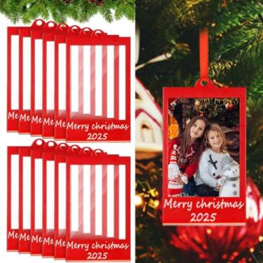 Imagem de Vercraft 12 molduras de acrílico de Natal 2025, moldura para fotos de 5 x 7 cm com fita de cetim vermelha, moldura dupla face em branco, enfeites de pendurar para árvore de Natal (vermelho)