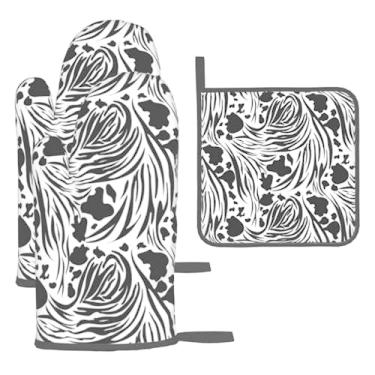 Imagem de Estampa de zebra de vaca – Conjunto de cozinha essencial com 3 peças, luvas seguras para calor, proteção para churrasco no forno, design de armazenamento suspenso.