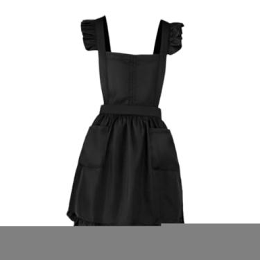 Imagem de Ｂｅｓｇａ retrô com babados, ideal para fantasia de empregada doméstica, restaurante ou cozinha, com bolsos frontais, perfeito para meninas e mulheres, Preto