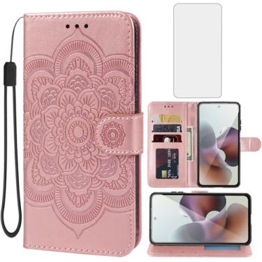 Imagem de Bohefo Capa para Moto G56 5G Capa/Moto G66Y/Moto G66J Capa carteira com protetor de tela de vidro temperado, capa flip de couro com suporte para cartão de crédito para Motorola Moto G56 5G ouro rosa