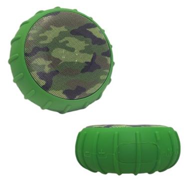 Imagem de Caixa de Som Bluetooth Portátil 5W, Resistente à Água, Bateria 1200mAh, Design Camuflado Azul e Verde, Múltiplas Conexões USB