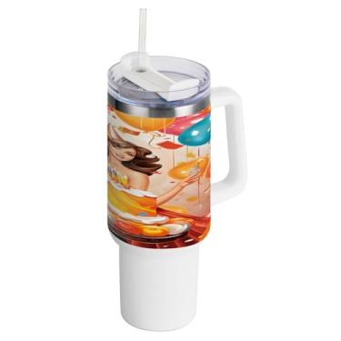 Imagem de Kigai Copo de 1,134 g com tampa e canudo, balões de bolo de aniversário, à prova de vazamento, durável, copo isolado de aço inoxidável com alça, garrafas de água à prova de derramamento para viagens