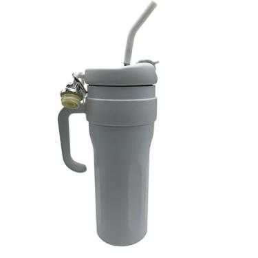 Imagem de Copo Térmico com Tampa 2 em 1 (Bico e Canudo) - 2 Formas de Beber, Design Moderno, Isolamento Térmico, Cores Vibrantes - Para Academia, Trabalho e Viagens (Branco Com Alça Aberta Branco)