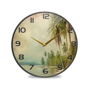 Imagem de YETTASBIN Relógio de parede acrílico de praia com palmeira – Silencioso, sem tique-taque, operado por bateria, relógio redondo decorativo criativo para cozinha, sala de estar, banheiro, decoração de