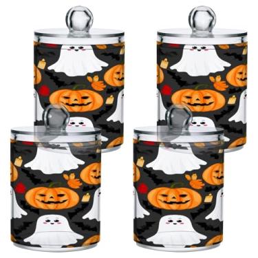 Imagem de STAYTOP 2 frascos de boticário Qtip para banheiro com etiquetas – Recipiente de armazenamento Qtip de plástico transparente para bola de algodão, cotonete, grão de café, fantasmas e abóboras de