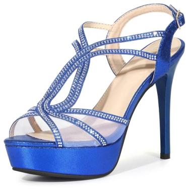 Imagem de Perphy Sandálias femininas de salto alto com tira de strass, Azul, 40
