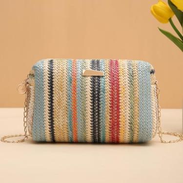 Imagem de Bolsa transversal de tecido com alça ajustável - Bolsa de praia leve, listras diagonais vibrantes, fecho de zíper e forro de poliéster para passeios casuais, férias, deslocamento diário, acessório de