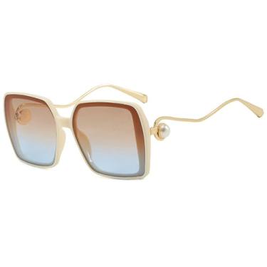 Imagem de Óculos de Sol Feminino e Masculino Oversized com Armação Metálica Degradê e Proteção UV400 para Esportes ao Ar Livre, Corrida e Ciclismo, Bege e Azul Chá