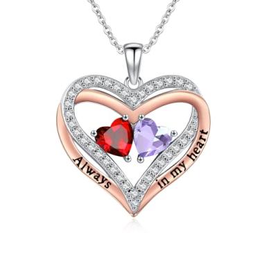 Imagem de Colar de coração feminino, banhado a ouro rosa 14K, pingente de coração duplo sobreposto, presente de aniversário de aniversário para esposa, mãe e filha, joia com pedra de nascimento duplo com