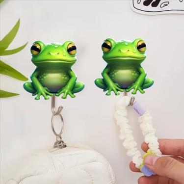 Imagem de 2 peças de ganchos adesivos de acrílico de sapo verde fofo - cabides de parede decorativos de sapo plano para chaves, toalhas, máscaras | Organizador autoadesivo sem broca para entrada, banheiro