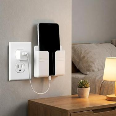 Imagem de Suporte de telefone montado na parede, bolso adesivo para estação de carregamento, sem furadeira, caixa de armazenamento de controle remoto para quarto, cozinha e banheiro, branco