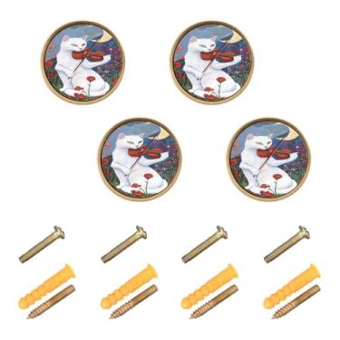 Imagem de Joisal Pacote com 4 puxadores de armário de flores de gato violino para cômoda puxadores de gaveta de cozinha de 3 cm, puxadores de ferragens de armário