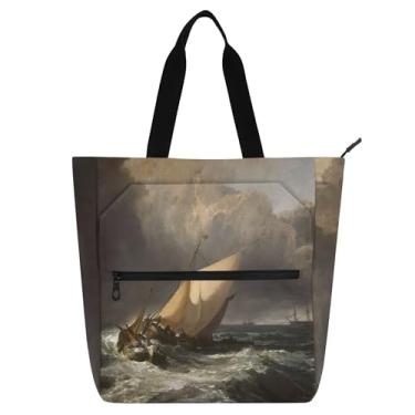 Imagem de GAIGEO J. M. W. Turner Prints Holandês Barcos Gale Seascape Bolsa de Trabalho Feminina Tote Lona Zíper Bolsa de Praia Bolsa de Professor com Compartimentos