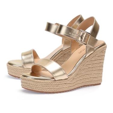 Imagem de Sandálias femininas de verão plataforma sandálias anabela tira no tornozelo sandálias de bico aberto salto alto, Caqui, 8