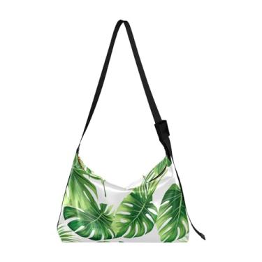 Imagem de Red Bird Sitting on a Blossom Branch Bolsa de couro vegano, bolsa de ombro masculina, bolsa tiracolo grande, Folhas tropicais em branco-3, One Size