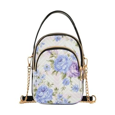 Imagem de Margaridas rosa em bolsas transversais pequenas verdes para mulheres na moda, bolsa tiracolo feminina, bolsas transversais para mulheres, Flor roxa e azul floral - 1, One Size