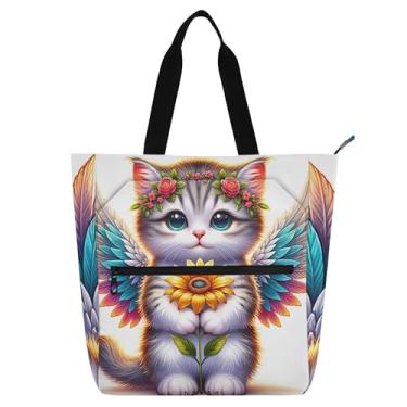 Imagem de GAIGEO Bolsas de trabalho florais fofas gatinho para mulheres, bolsa de lona com zíper, bolsa de praia, carteiro, para amantes de livros