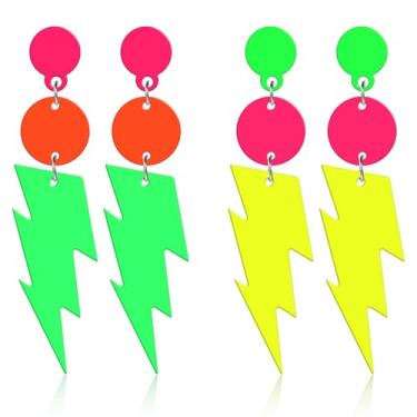 Imagem de IANFAN Brincos de neon para mulheres, 2 pares de brincos de relâmpago de acrílico, pingente retrô para festas temáticas dos anos 80 e noites brilhantes (amarelo e verde)