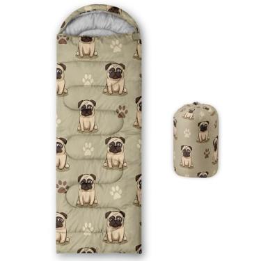 Imagem de AILONEN Saco de dormir de cachorro de desenho animado cáqui para crianças, tema animal fofo, clima quente e frio, leve, mochila impermeável, saco de dormir para cães kawaii pug para acampamento