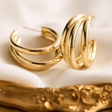 Imagem de Brincos de argola grossa para mulheres – Joias leves e hipoalergênicas banhadas a ouro 14K da moda, standard, Latão, Sem pedra preciosa