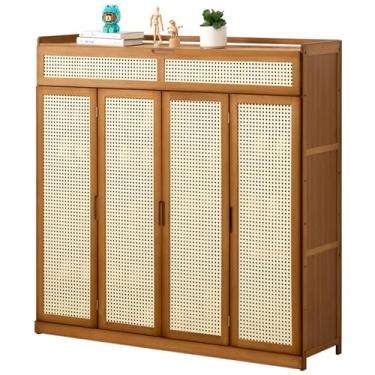 Imagem de LOERSS Armário organizador de sapatos de bambu de 7 andares, armário de sapato, armário organizador moderno de entrada de 7 camadas com porta, com compartimento dobrável e botas de salto para entrada